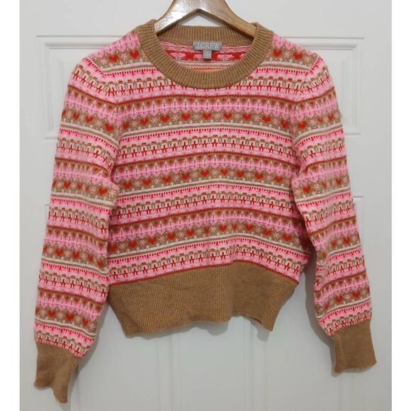 J crew womens medium pink tan fairisle puff sleeve colorblock sweater wool - Picture 2 of 7